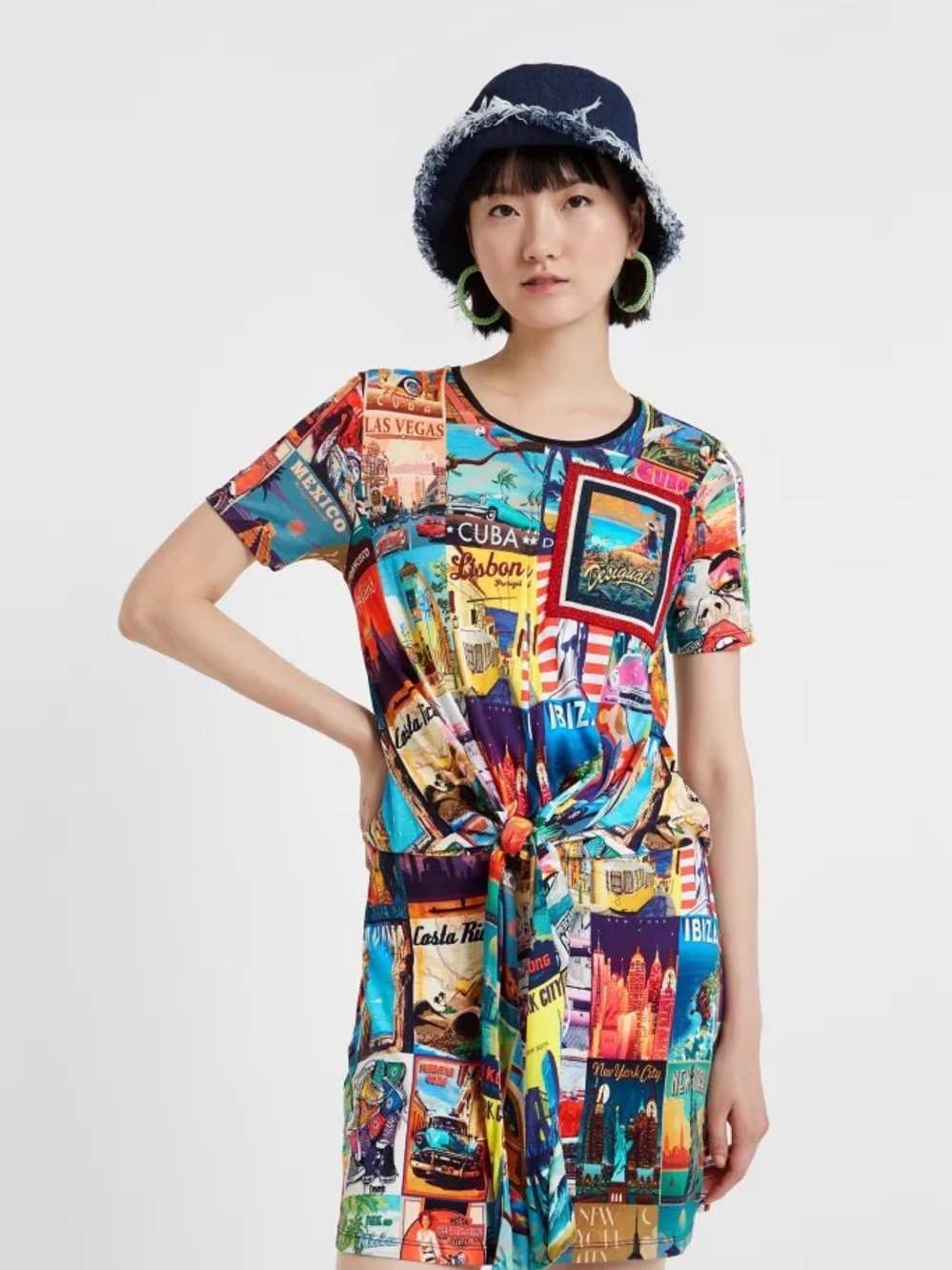 Desigual phoebe dress travel print vacation mini dress Art print pop tie waist